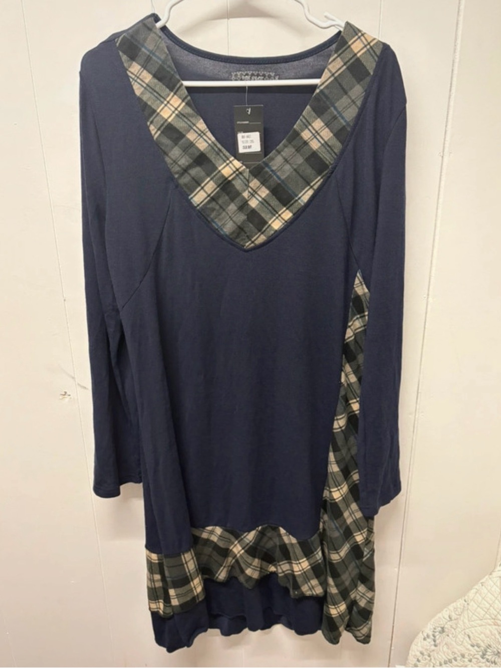 Navy Plaid-Trim Midi Dress - Long Sleeve